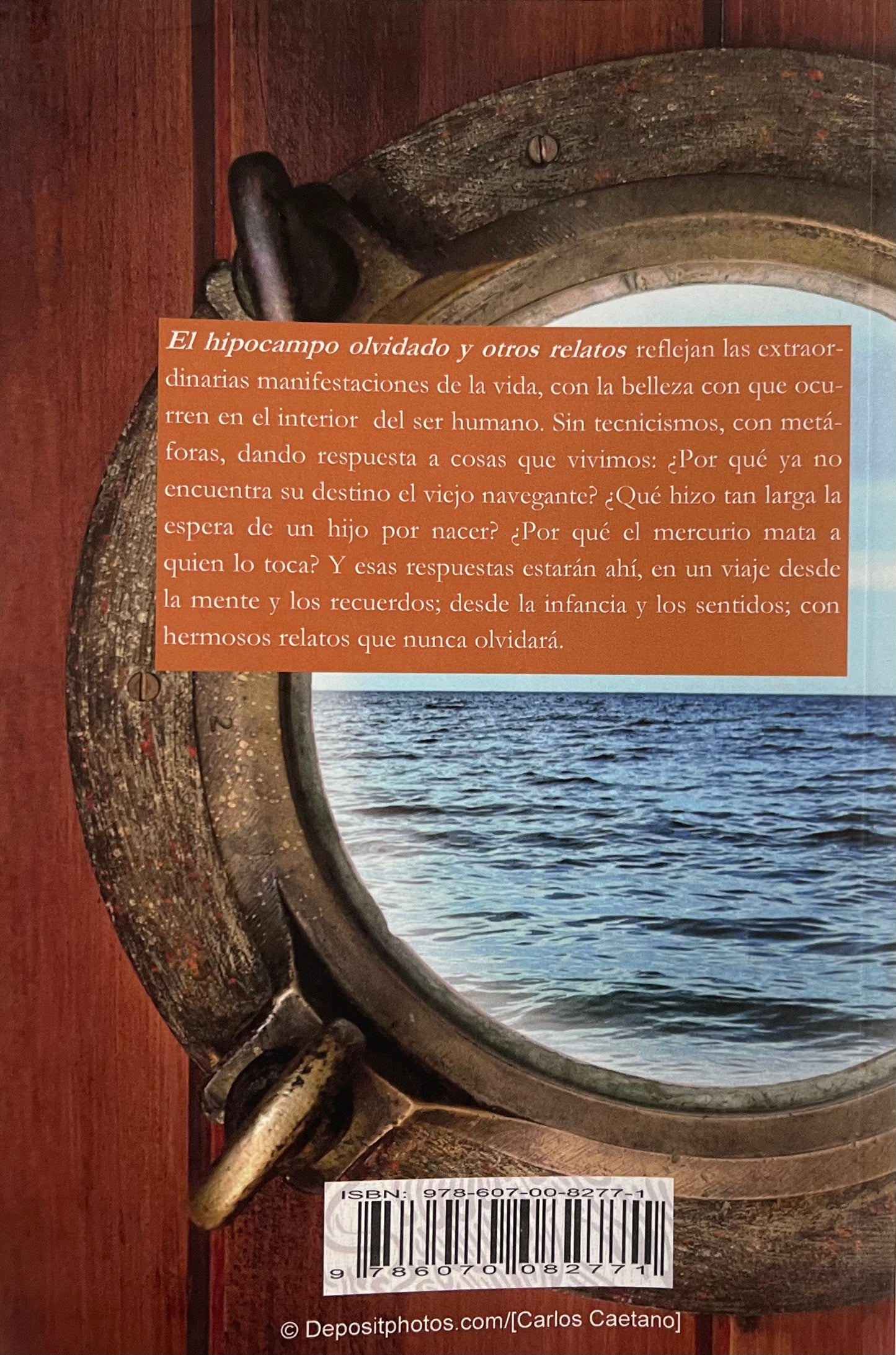 Imagen de contraportadad que muestra fajillas de madera en color ocre con una escotilla de metal a través de la cual se puede ver el mar, el horizonte y el cielo azul. Una leyenda que habla del contenido del libro. "Hermosos relatos que nunca olvidará".